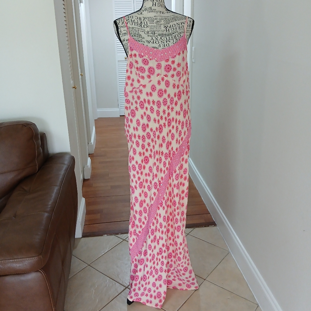 Editions maxi dress in white with pink floral print and sequin details